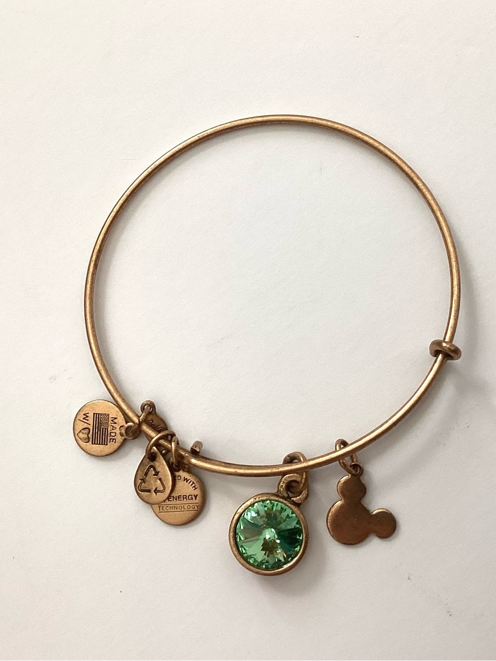 Disney Parks Alex and Ani Mickey Icon August Birthstone Bangle Gold Peridot